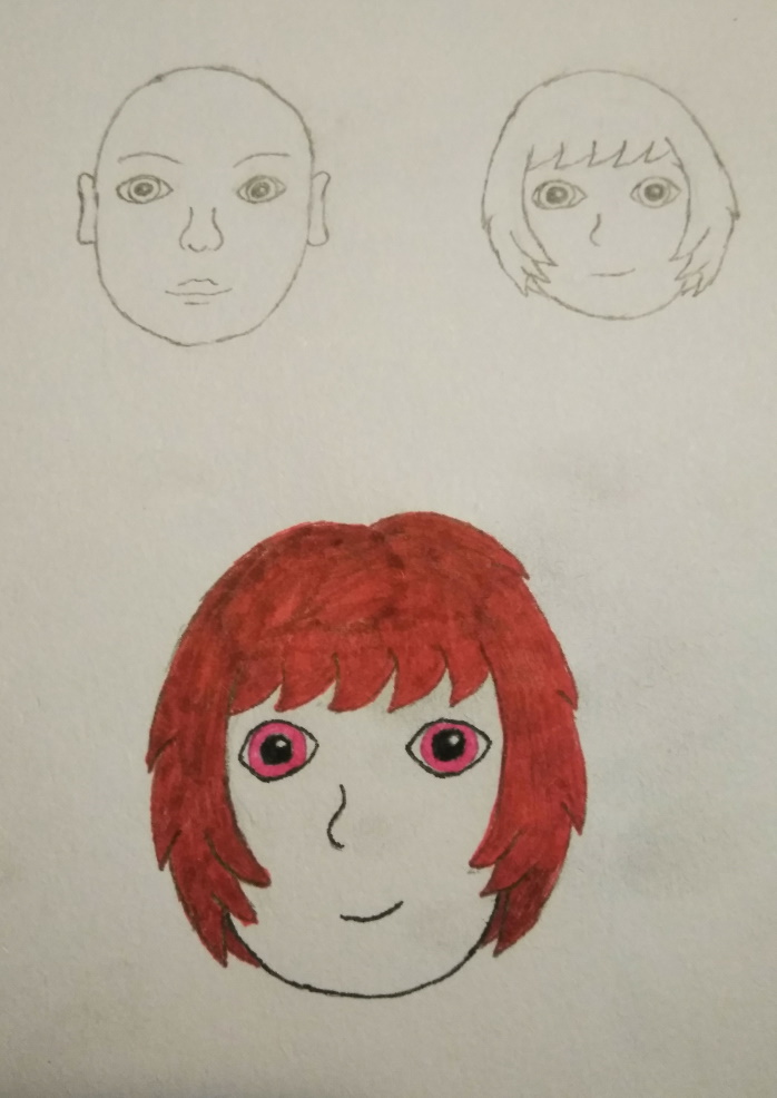 Three faces. On the top are a somewhat realistic bald face, and a simpler stylized face with hair. Below is a larger version of the stylized face, with pink irises and dark red hair.