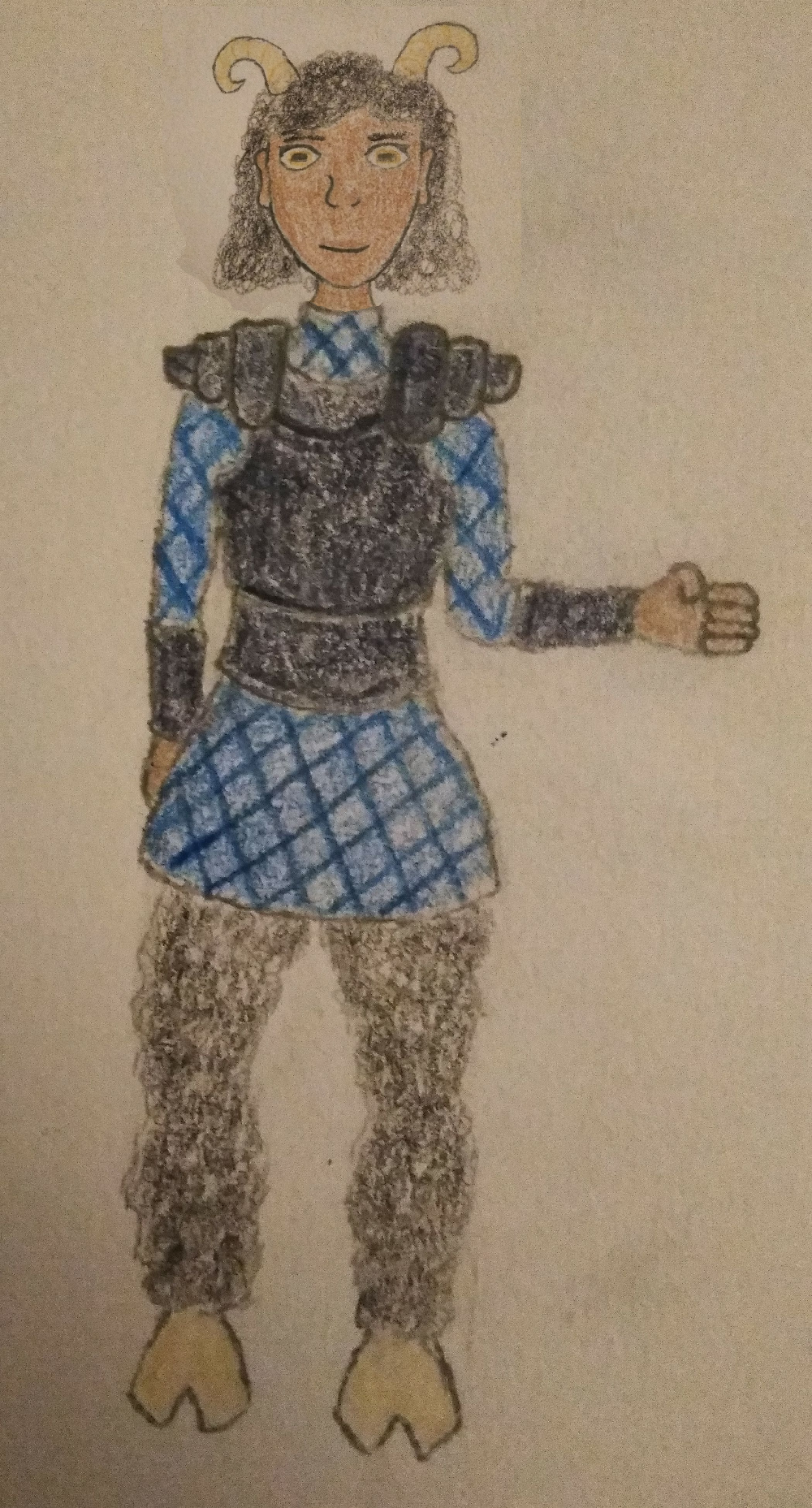A woman with light brown skin, curly dark hair, yellow irises and square pupils, two tan horns, woolly legs, and hooves, wearing black and blue armor